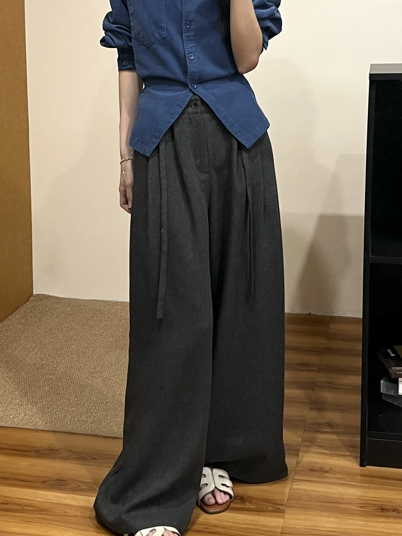 “灰调玩家”秋款慵懒气质显瘦高腰后松紧腰阔腿休闲裤长裤25113#