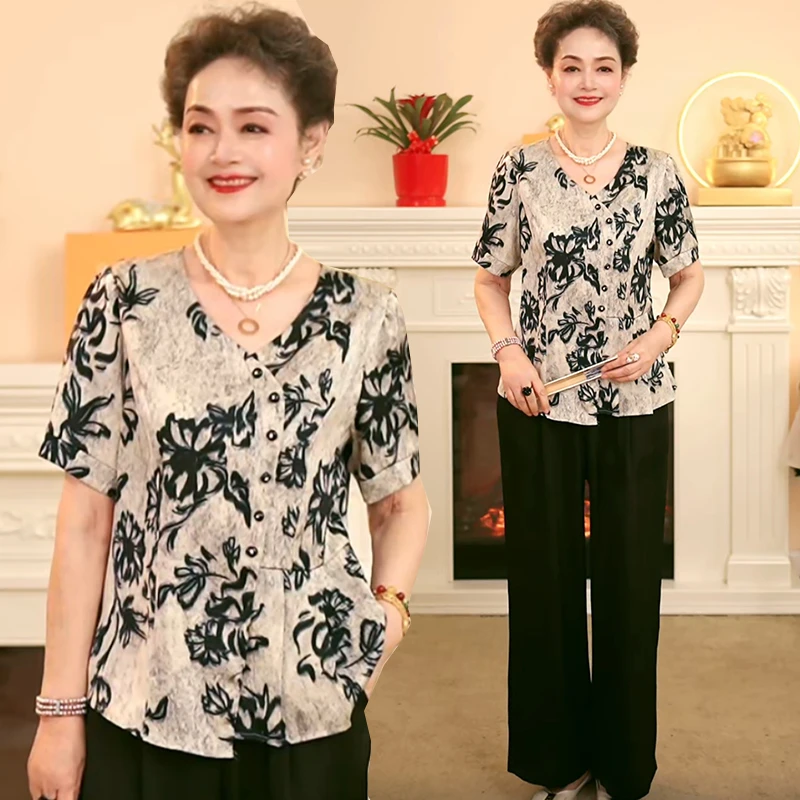 夏新款妈妈上衣宽松遮肚显瘦中年妇女夏季薄款衬衫中老年女装小衫