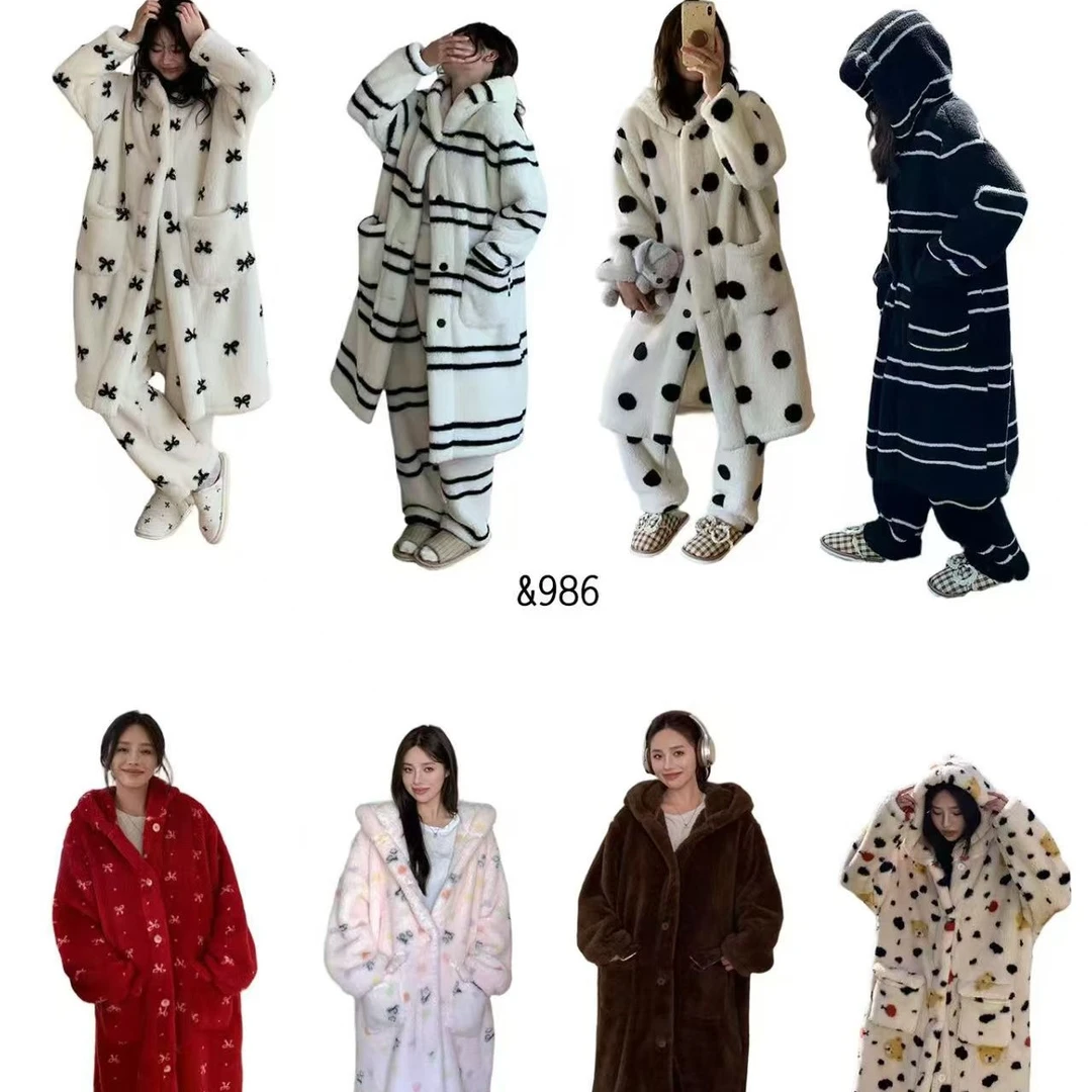 冬季加厚保暖中长款珊瑚绒连帽睡袍大衣秋冬睡衣女宽松可爱家居服