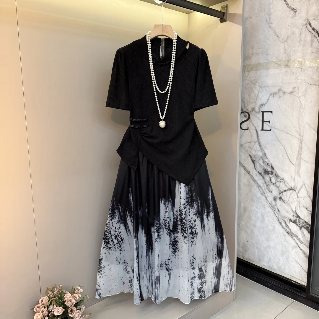 夏季高端大码国风时尚套装裙女胖mm气质盘扣短袖上衣半身裙两件套