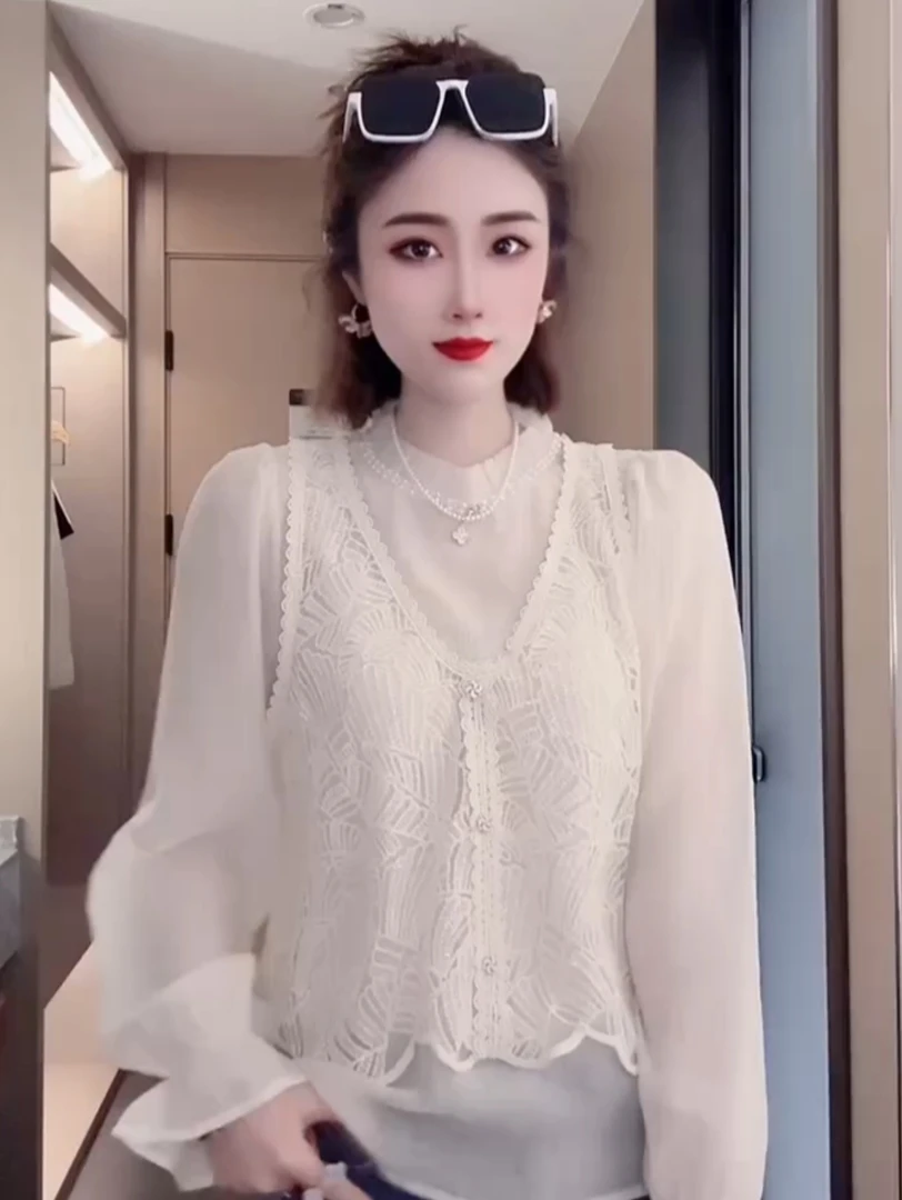 轻奢高级感雪纺衫蕾丝马甲两件套女2025新款春季遮肉叠穿套装女