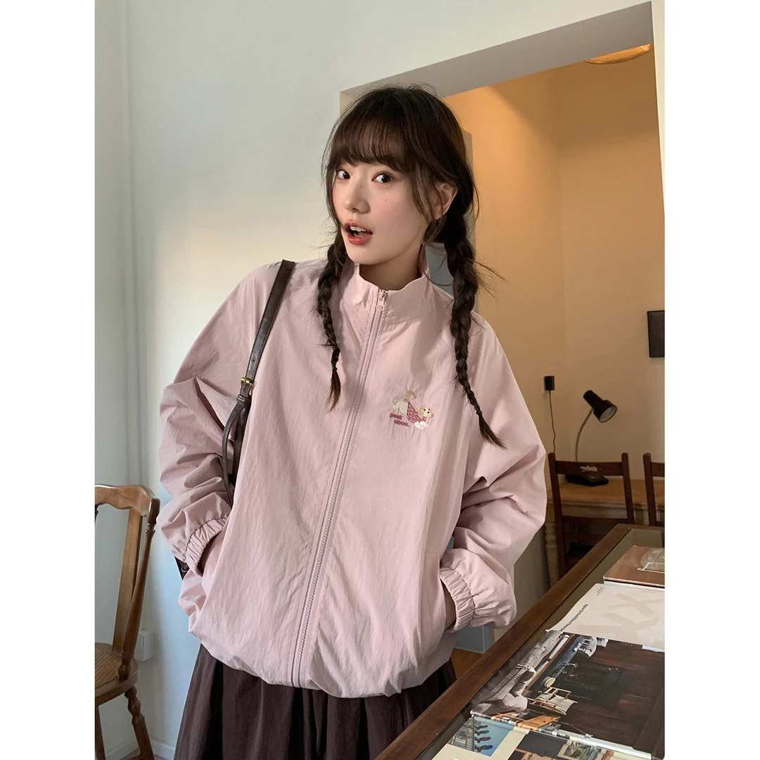 小狗刺绣外套女立领夹克秋季新款粉色拉链上衣宽松棒球服薄款