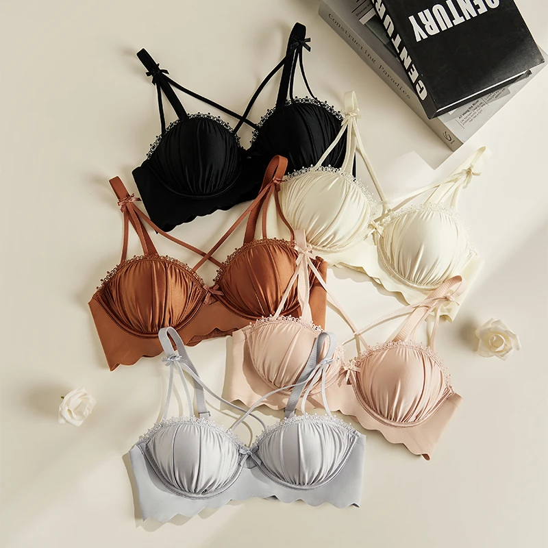 新款珠光缎面法式纯欲内衣女小胸聚拢显大无钢圈防下垂半杯文胸罩