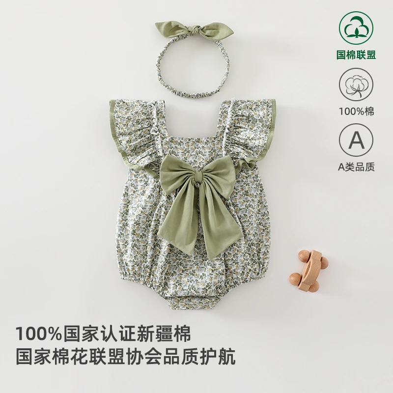 ins韩版婴儿夏款连体衣纯棉碎花女宝蝴蝶结公主风哈衣薄款包屁衣