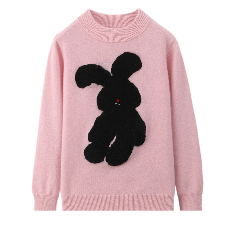 长袖半高领领动物卡通风儿童针织衫卡通动漫毛衣兔子立体刺绣童装