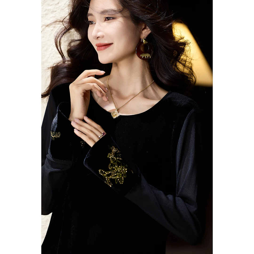 DUCURNO法式钉珠丝绒长袖T恤女秋季2025新款高端气质宽松黑色上衣