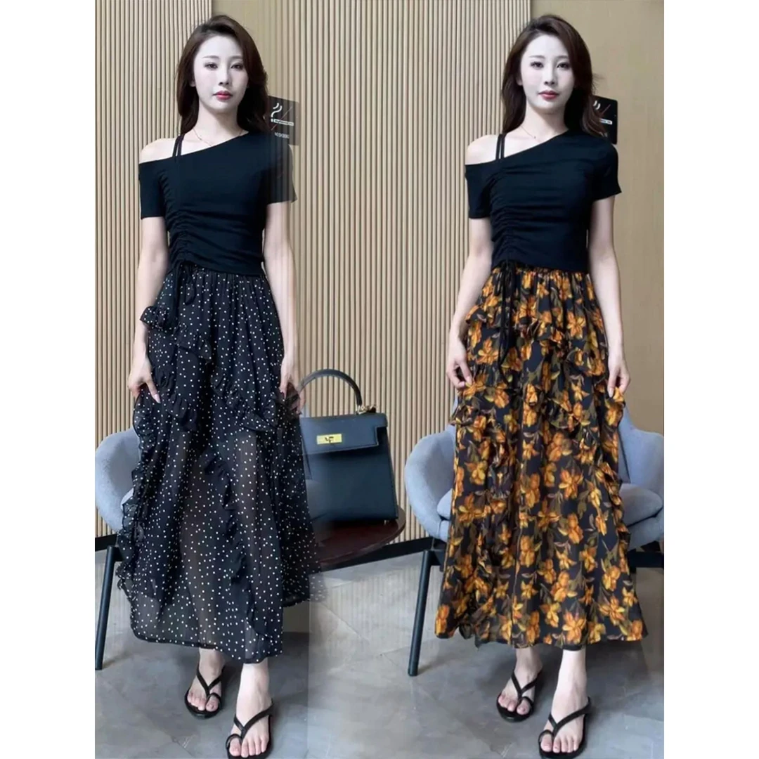 时尚连衣裙套装女2025夏季新款洋气斜肩设计短袖T恤碎花半身裙潮
