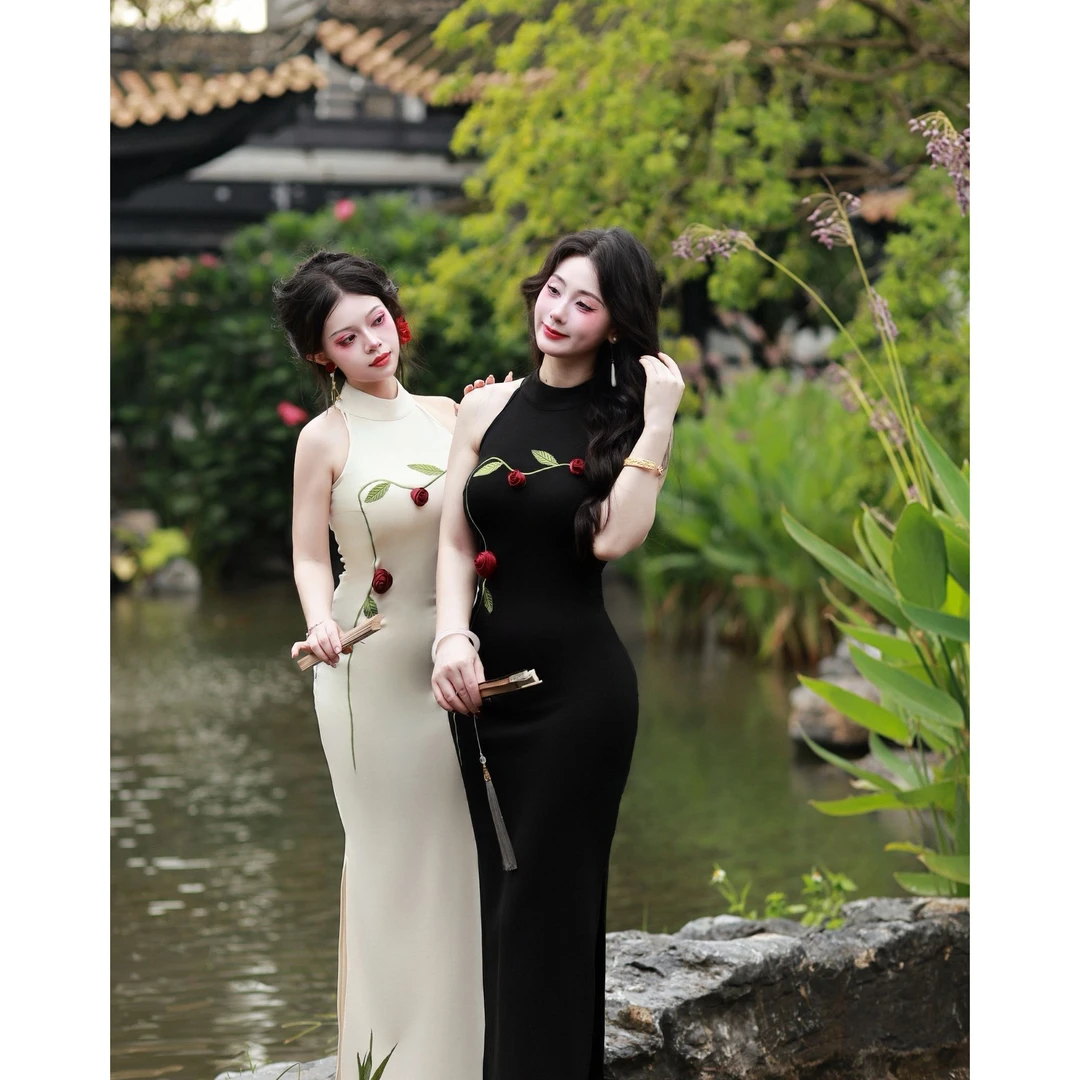 【向晚玫瑰】潇夫人自制手工立体玫瑰花新中式中国风旗袍连衣裙8010
