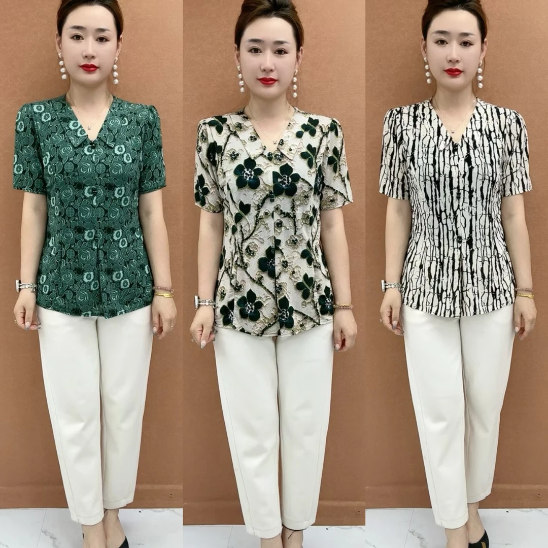 2025夏季新款气质小衫时尚娃娃领显瘦减龄妈妈装短袖上衣