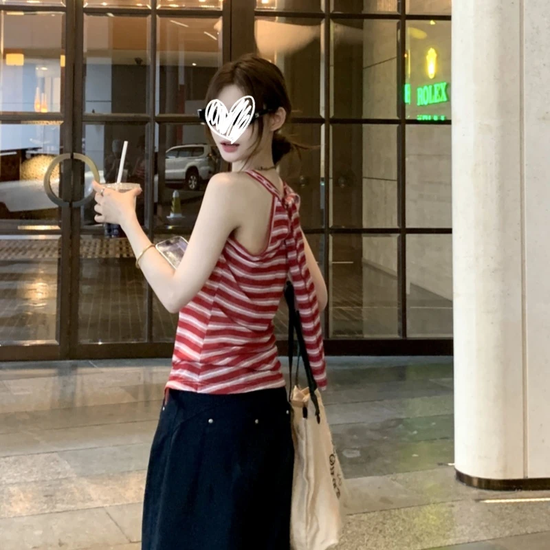 【现货带运费险！！】辣妹飘带挂脖红色条纹吊带背心设计感百搭上衣