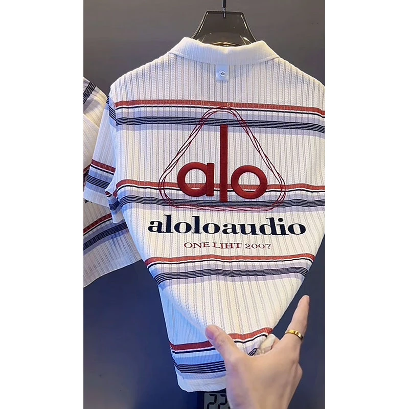 欧货轻奢高定大牌男装体恤2025夏季新款字母刺绣修身短袖条纹体恤