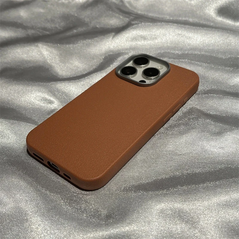 高级棕色金属框适用iPhone16promax荔枝纹oppo华为P70vivo小米15