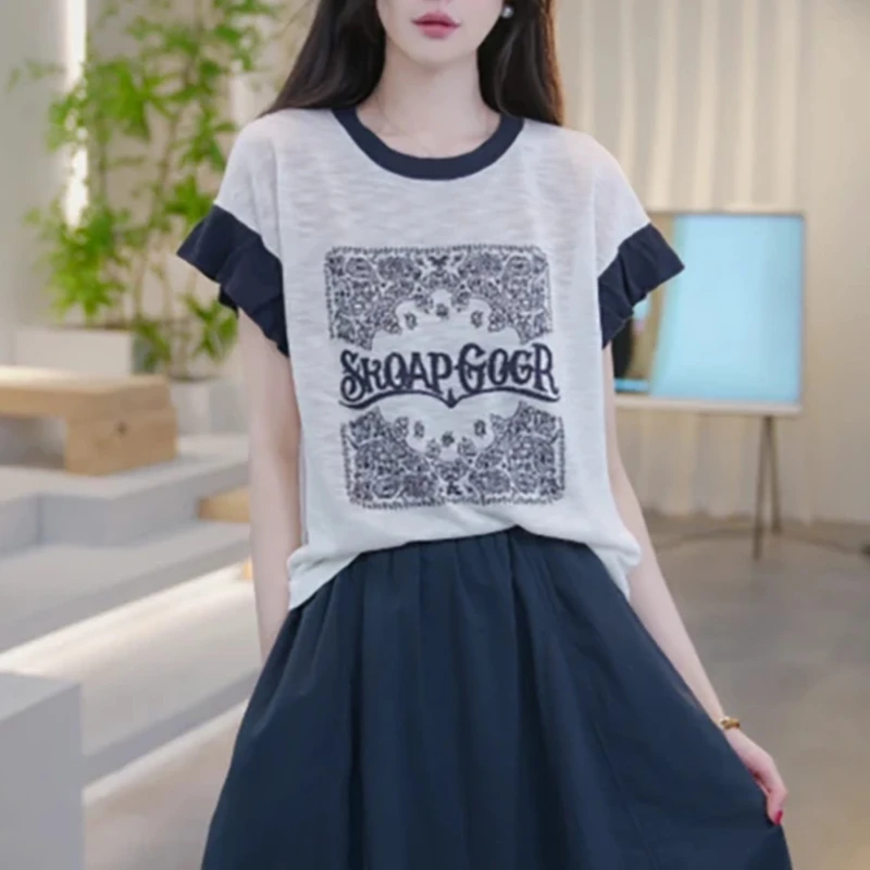 时尚荷叶边拼接字母印花短袖T恤女2025夏季新款宽松显瘦圆领上衣