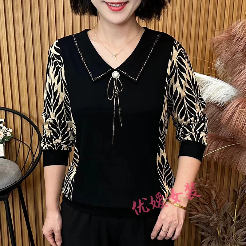 妈妈装秋季时尚娃娃领烫钻拼接宽松显瘦洋气中老年女装长袖上衣