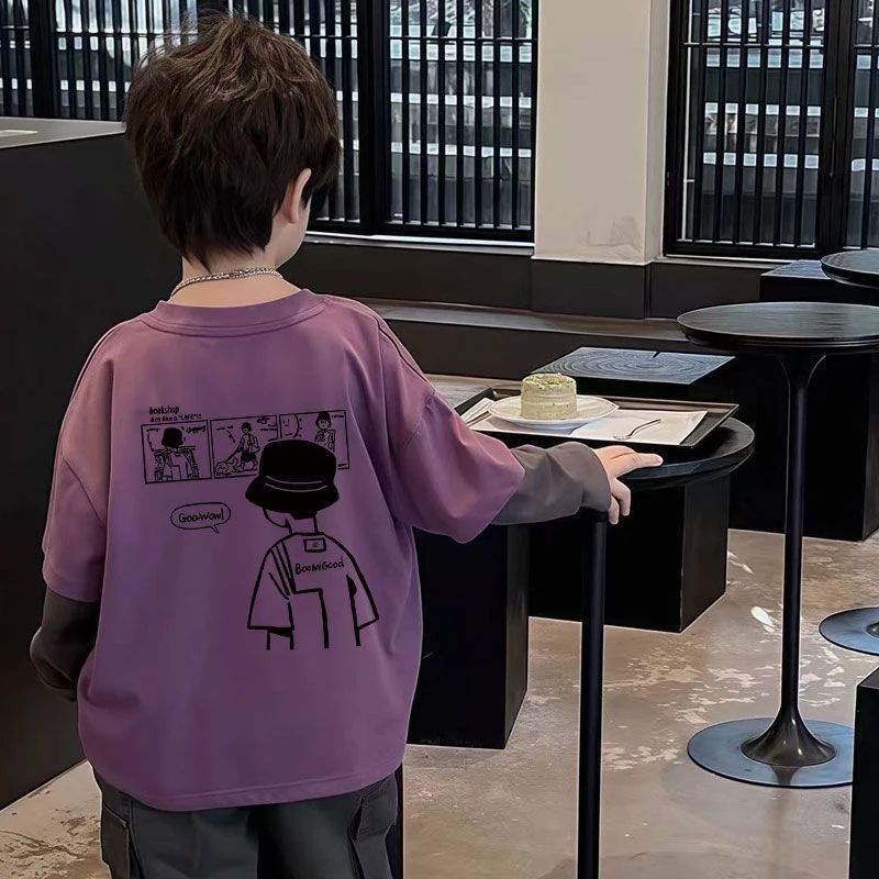 男童潮牌纯棉假两件长袖T恤秋装童装打底衫春秋儿童宝宝外穿上衣t