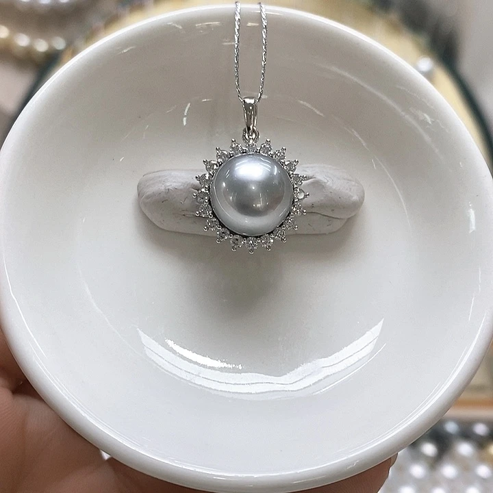 银S925镶嵌海水珍珠吊坠(不含链)铂金灰12-13mm