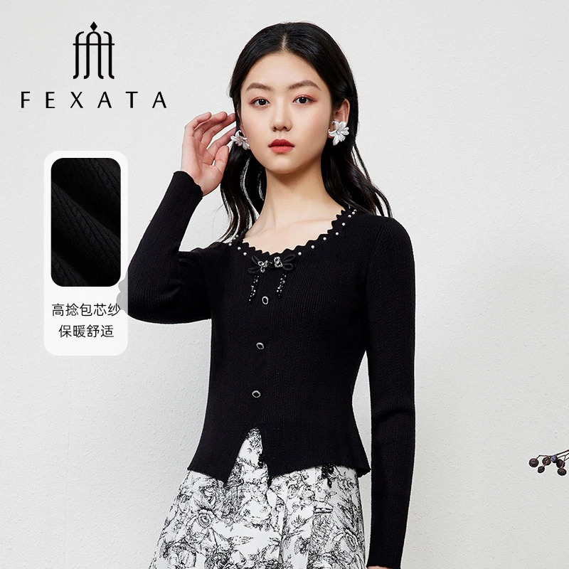 【白姐专属】FEXATA斐格思钉珠花边领国风盘扣时髦黑色针织衫