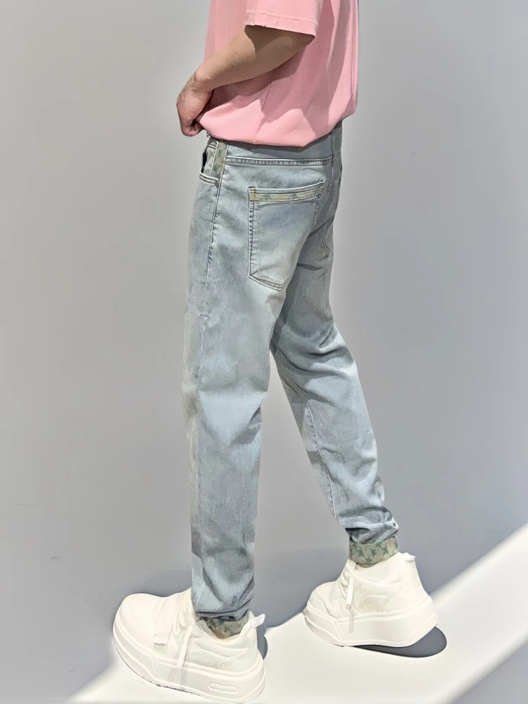 春夏新款青年做旧复古百搭牛仔裤男简约印花设计舒适时尚休闲潮