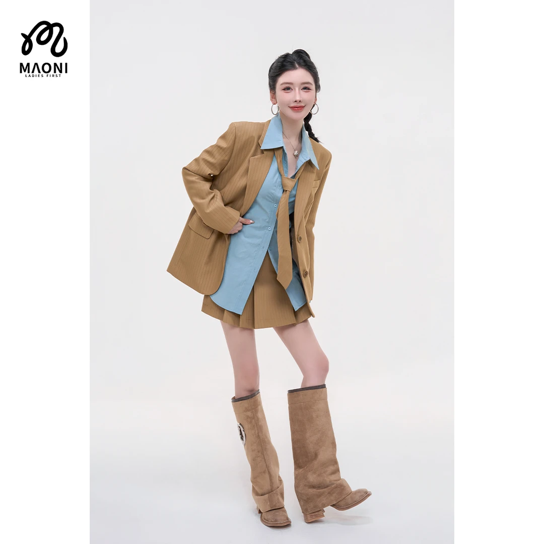 毛妮LADIESFIRST【静奢漫意】配领带复古竖条纹西服套装女早秋L2233