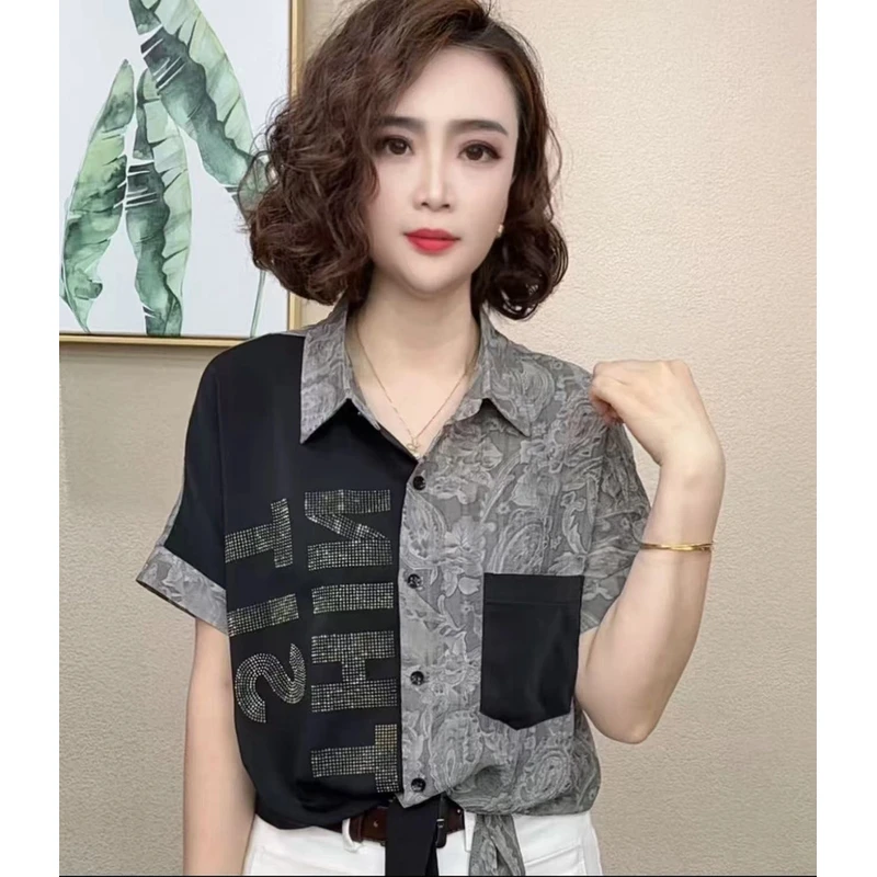 2025新款时尚洋气百搭减龄烫钻拼色女短袖气质T恤上衣#58890