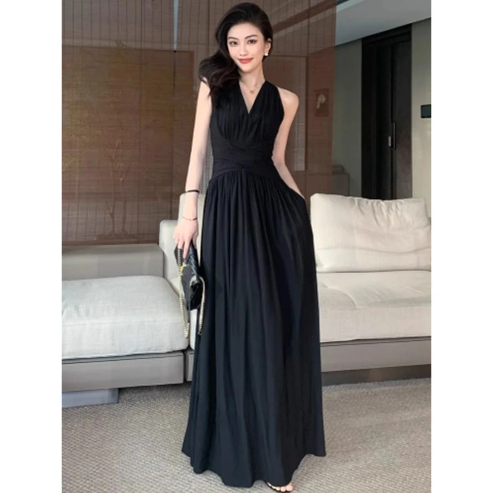 连衣裙显瘦气质长裙夏季法式收腰伴春归白色无袖挂脖领连衣裙女新