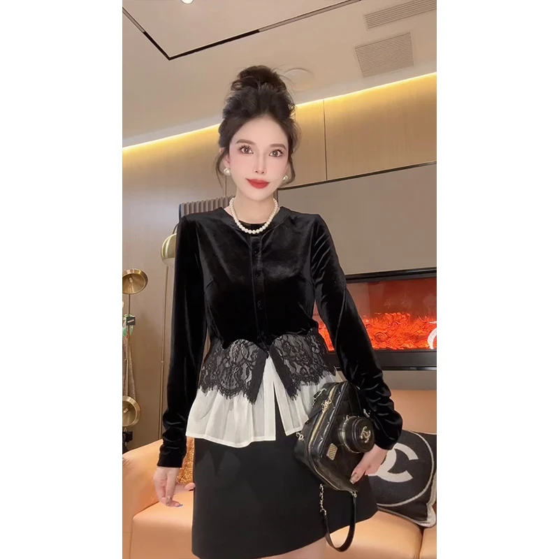 高级感荷叶边蕾丝拼接丝绒长袖T恤女秋季2025设计感宽松减龄上衣