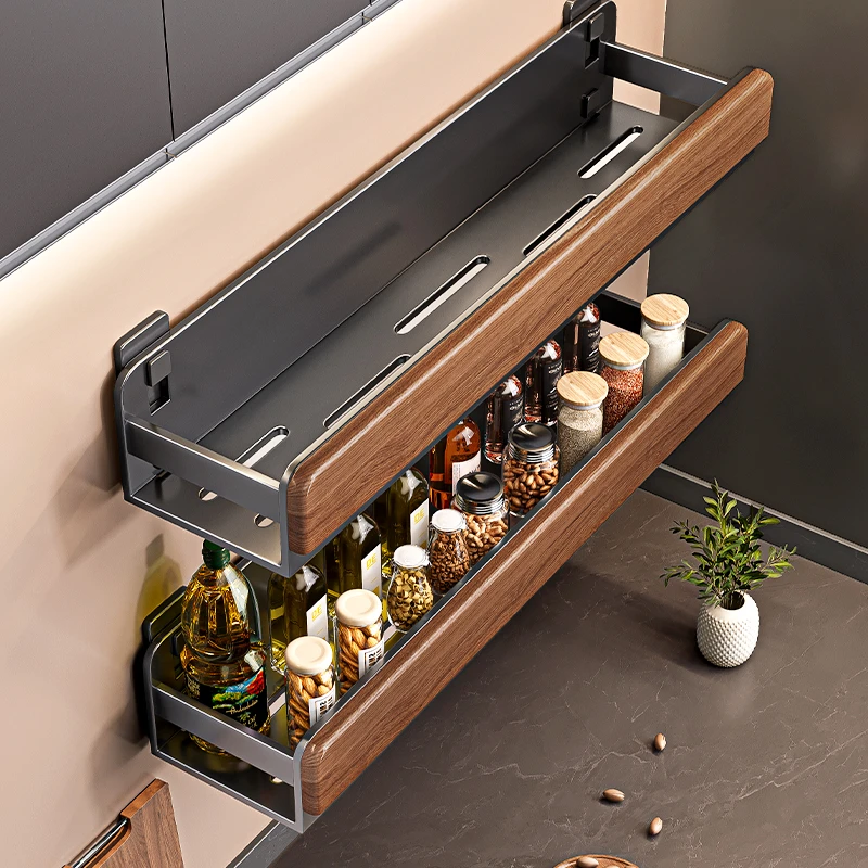 锦绣百年中古风胡桃木厨房置物架免打孔调料架调料品收纳架子榉木