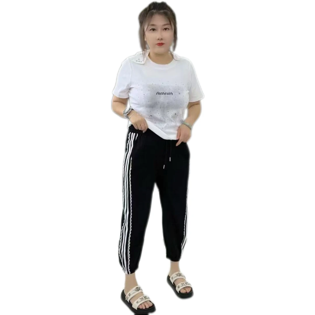 8183夏季薄款大码运动裤女宽松束脚高腰显瘦休闲哈伦裤九分卫裤