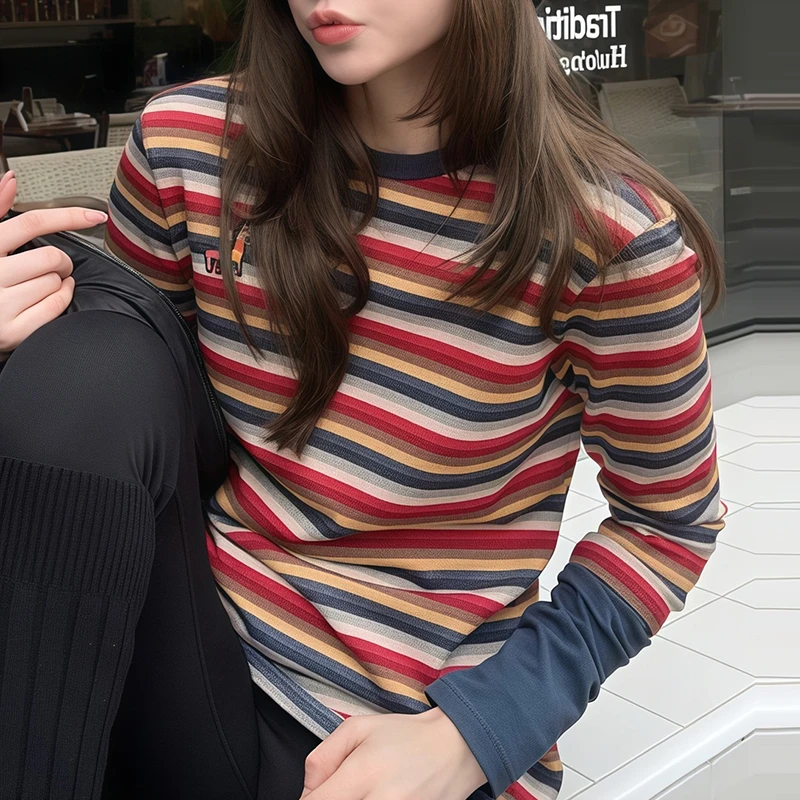 韩系休闲复古撞色彩虹条纹长袖T恤女装秋冬新款宽松圆领打底上衣