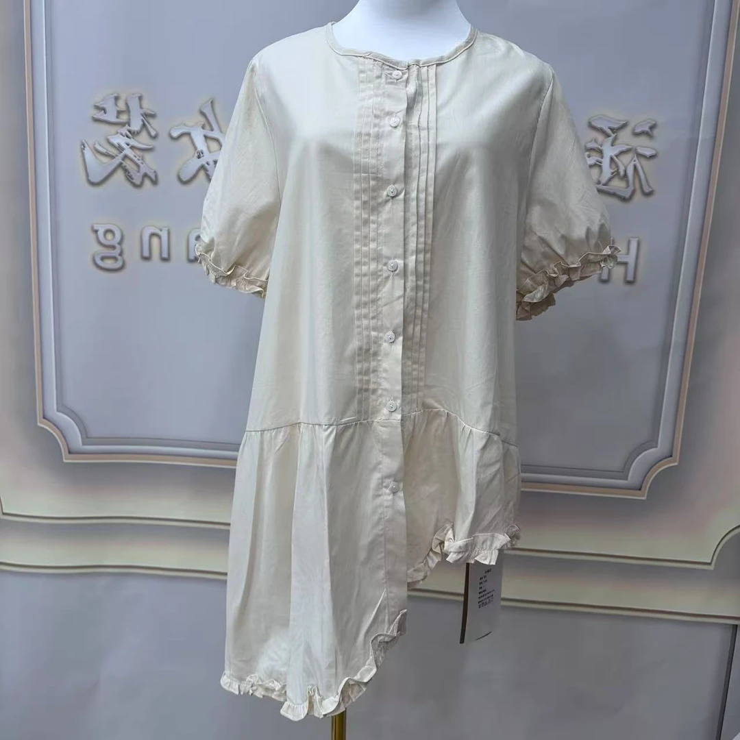 S8427 不规则拼接短袖不褪色夏季纯色衬衫