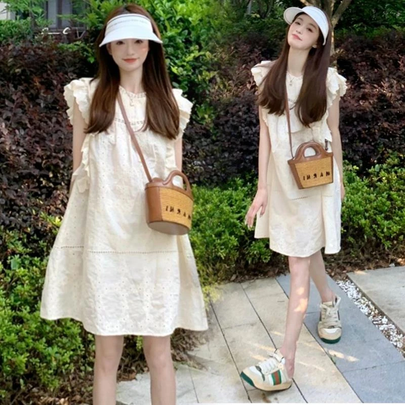 dhini大码夏季小个子法式小飞袖短裙女胖mm宽松遮肚显瘦气质直筒