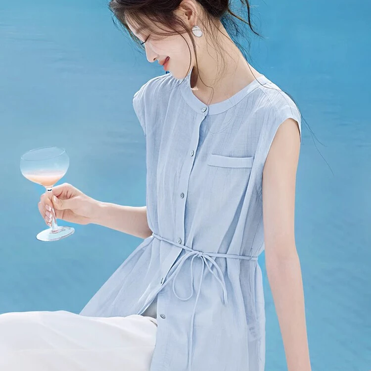 上衣清冷感气质复古立领收腰系带无袖衬衫衬衣2025夏季新款小衫女