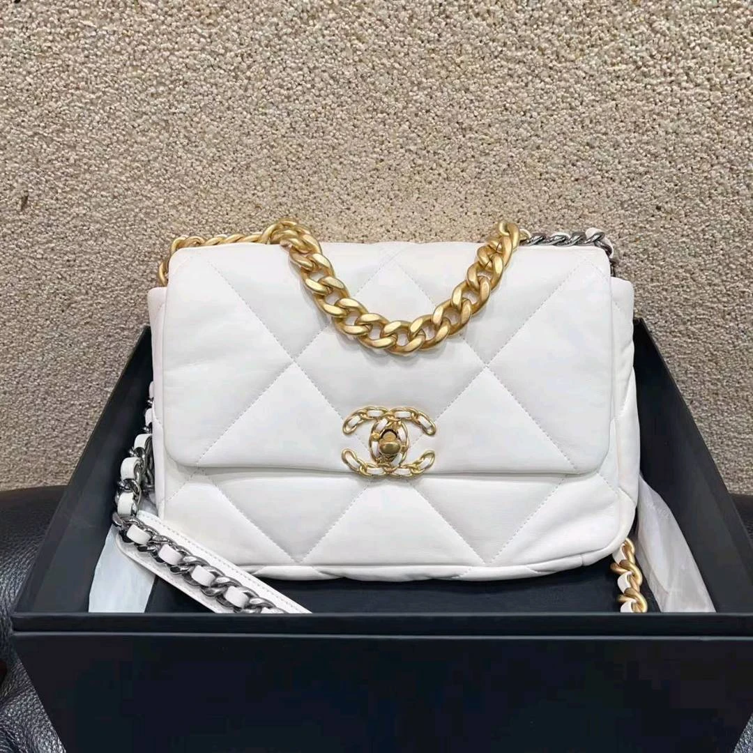 99新 Chanel/香奈儿 19bag小号 白色金扣手提单肩斜挎包 31开