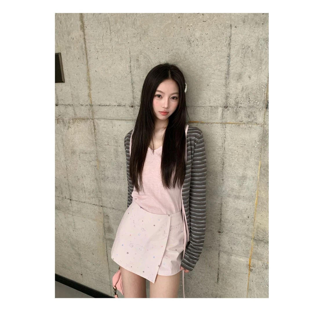 【百利甜】复古撞色条纹短开衫女 系带设计修身少女感外套