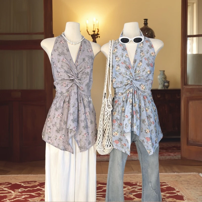 修身型纯欲风背心韩版法式系带简约设计感收腰型通勤碎花显瘦气质