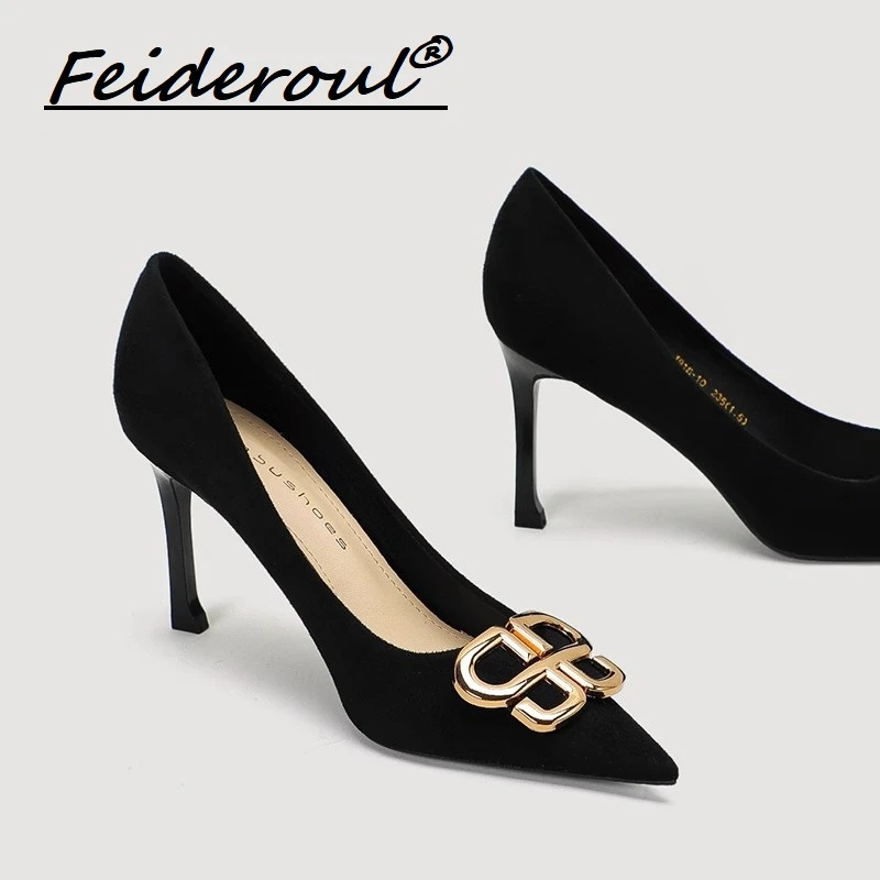 Feideroul高跟2025新款职业细跟气质高级性感工作绒面不累脚单鞋