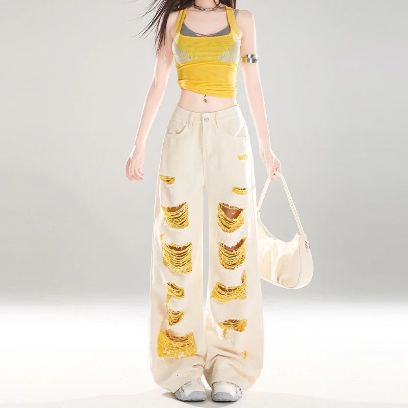 【破价+现货+运费险】美式辣妹破洞牛仔裤女秋冬新款高腰显瘦遮跨裤