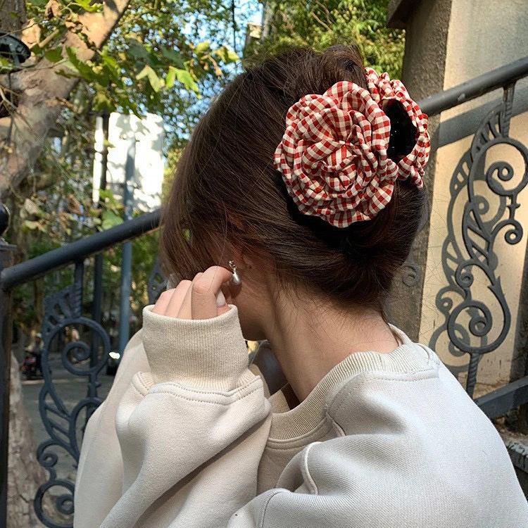 格子花朵抓夹女高级感2025新款简约发夹饱满后脑勺头花发饰品