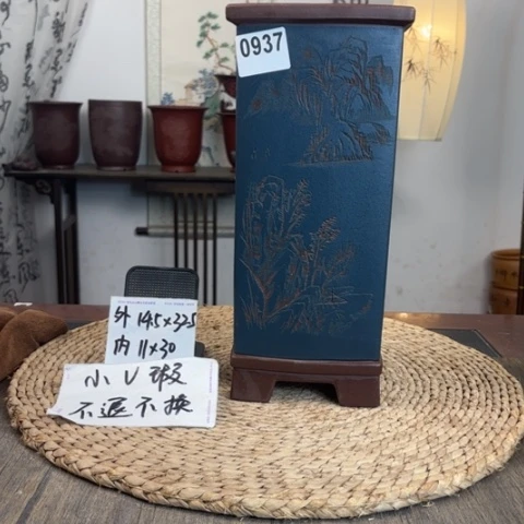 紫砂花盆点***景墨蓝高签筒0937