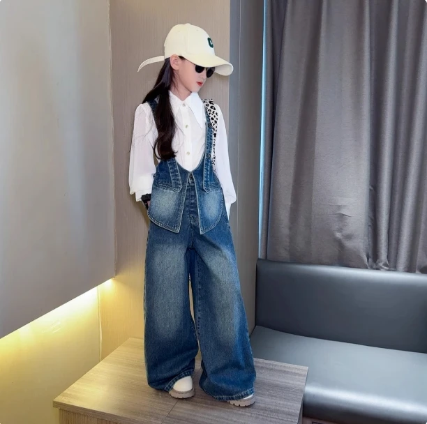 女童衬衫牛仔背带裤套装2025春秋装儿童设计感背带宽松长裤两件套