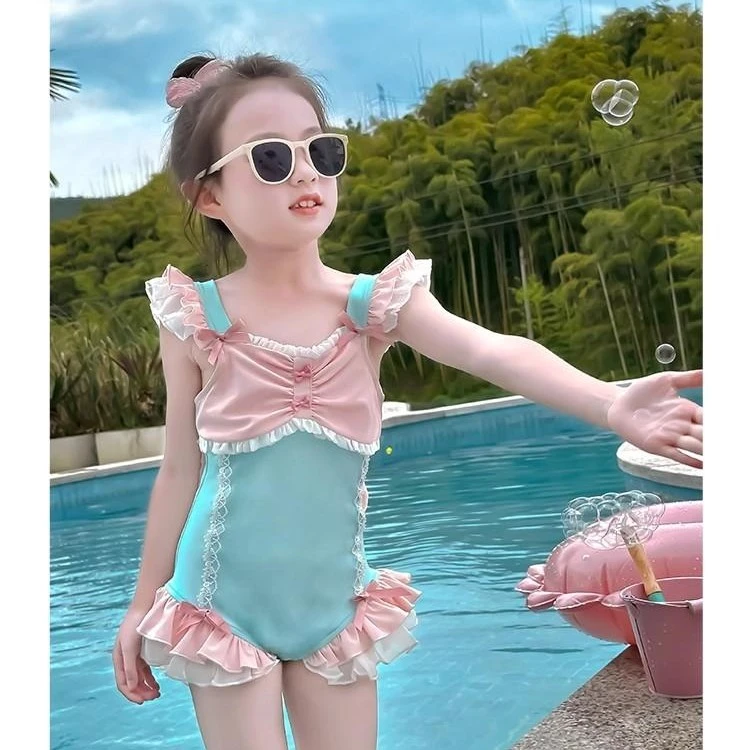 女童泳衣2025新款蝴蝶结甜美速干连体泳服女孩度假温泉泳装儿童