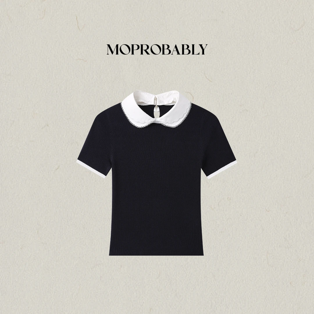 Moprobably李予诺「海恋T」学院风撞色双层娃娃领针织短袖L5276020
