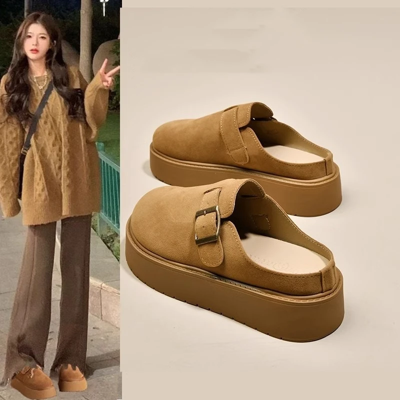 勃肯半拖鞋百搭外穿内增高鞋法式软底秋款包头厚底卡其色博肯通勤