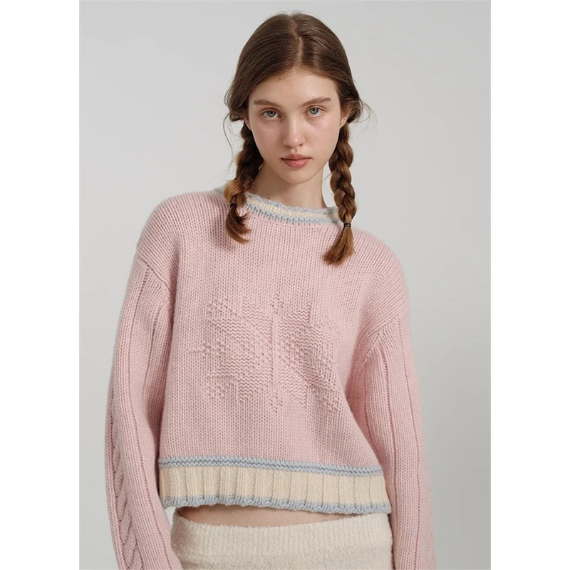 法式粉色多巴胺甜美撞色针织衫毛衣女秋冬慵懒风复古提花短款上衣