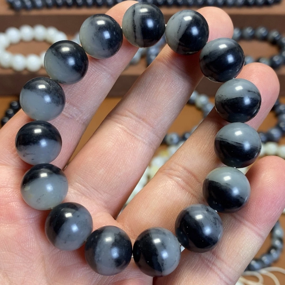 和田玉未镶嵌手串新疆和田玉青花黑白聚宝盆14圆珠手串