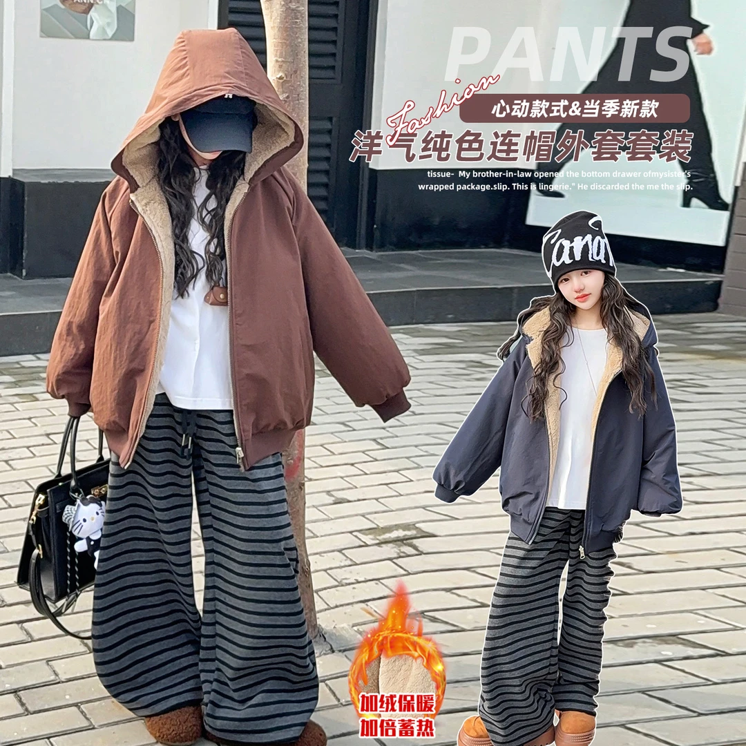 女童加绒派克服棉衣2025冬季新款中大童学生韩版洋气加厚保暖外套
