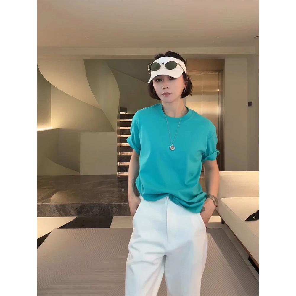 SHIIEELL重磅多巴胺色系匹马棉短袖宽松T恤女夏季新款纯色TPY259