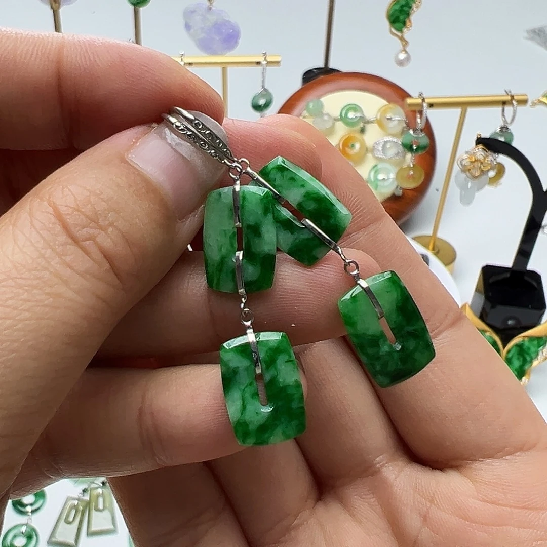 用***0翡翠18K金镶嵌耳饰天然缅甸A货翡翠