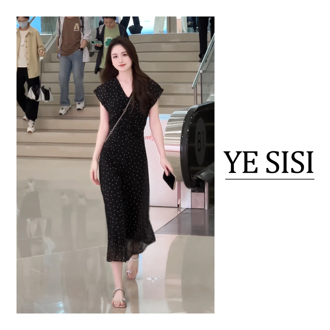 [YESISI]"黑糖珍珠"法式夏季v领收腰飞飞袖气质显瘦波点连衣裙女