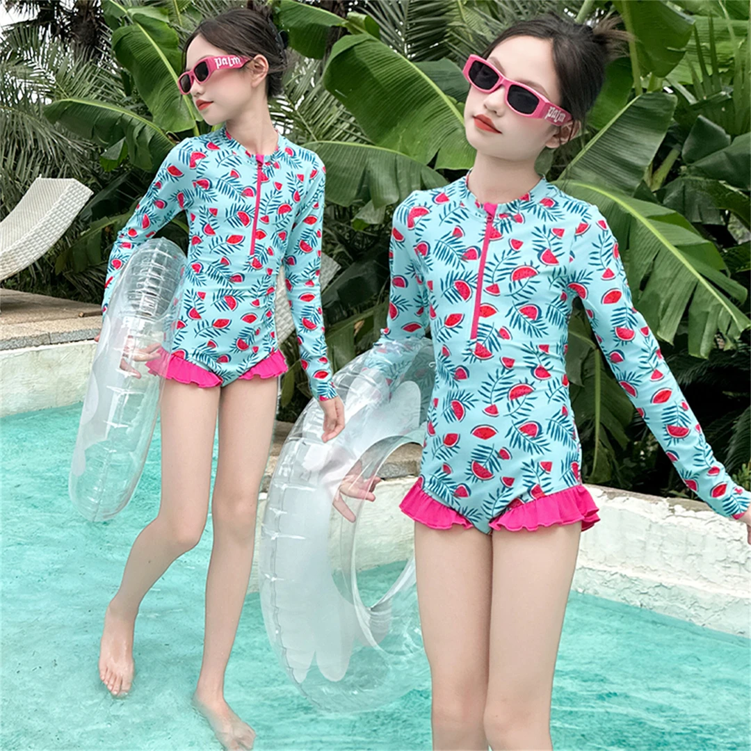 女童夏季时尚甜美连体泳装中大儿童夏款洋气保守防晒遮肚女孩泳衣